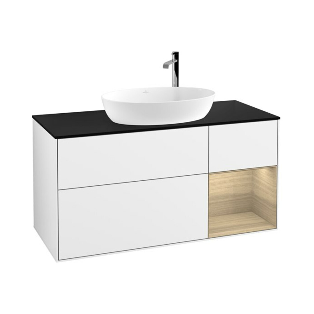 V&B Meuble sous lavabo Finion 120 cm, placage bleu, rangement ouvert, blanc brillant.