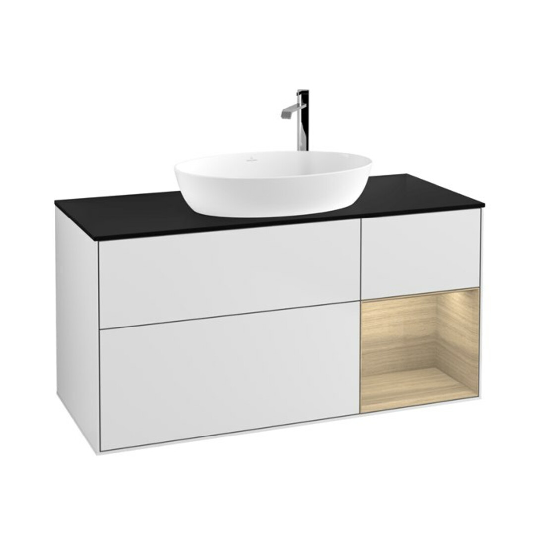 V&B Meuble sous lavabo Finion 120 cm, placage bleu, rangement ouvert, blanc mat laqué