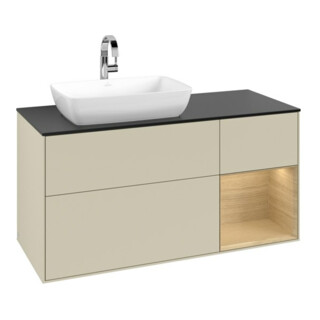 V&B Meuble sous-lavabo Finion 120 cm, placage bleu, rangement ouvert, gris mat laqué