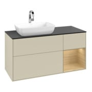 V&B Meuble sous-lavabo Finion 120 cm, placage bleu, rangement ouvert, gris mat laqué