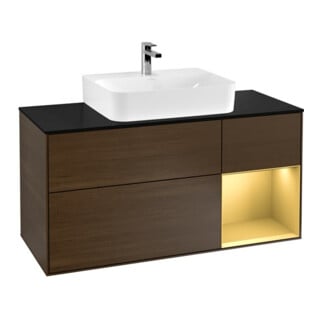 V&B Meuble sous lavabo Finion 120 cm, placage bleu, rangement réglable, chêne veiné
