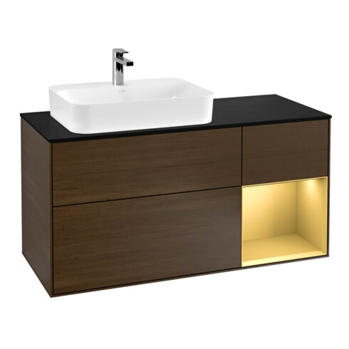 V&B Meuble sous-lavabo Finion 120 cm, placage bleu, tiroir à droite, noyer veneer