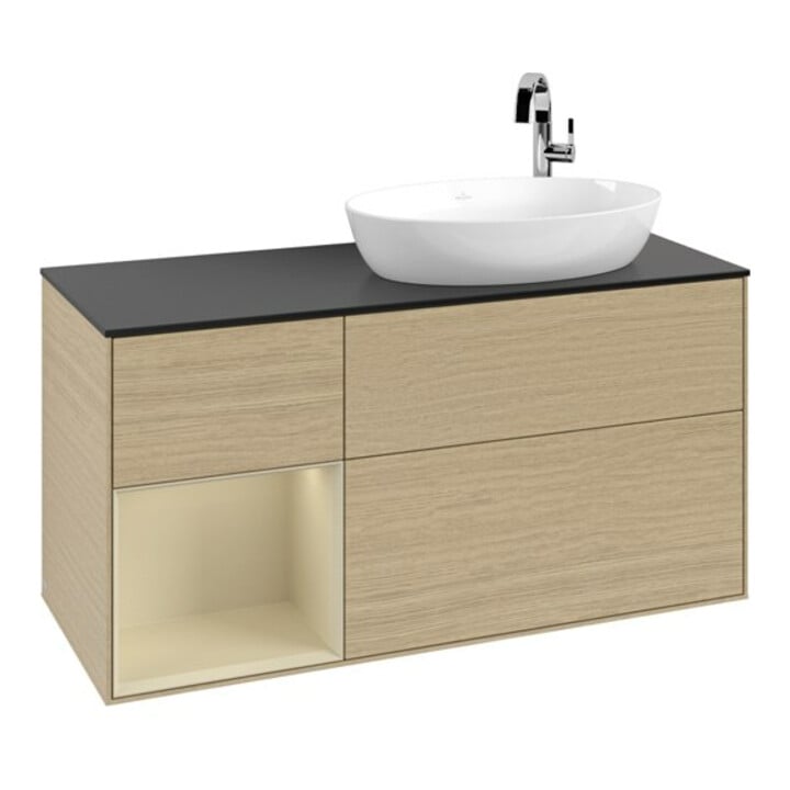 V&B Meuble sous lavabo Finion 120 cm, placage bleu, tiroir argenté, poignée ven