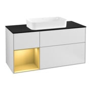 V&B Meuble sous lavabo Finion 120 cm, placage bleu, tiroir gauche, blanc mat laqué