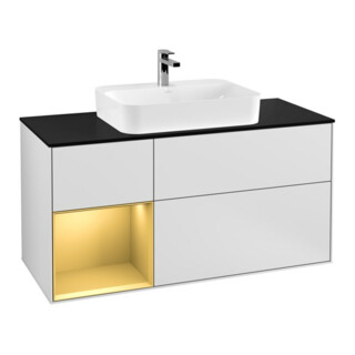 V&B Meuble sous lavabo Finion 120 cm, placage bleu, tiroir gauche, blanc mat laqué