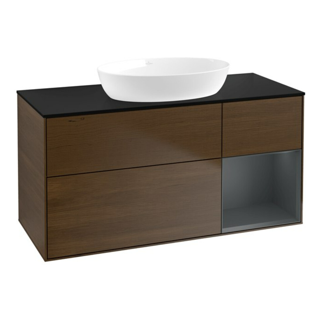 V&B Meuble sous lavabo Finion 120 cm, placage bleu, tiroir médium laqué, noyer veinée