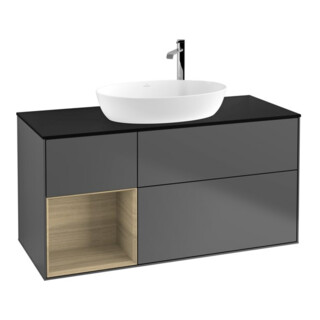 V&B Meuble sous lavabo Finion 120 cm, placage bleu, tiroir ouvert, anthracite m