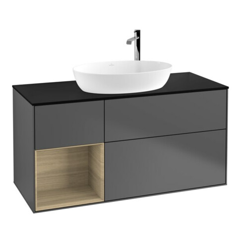 V&B Meuble sous lavabo Finion 120 cm, placage bleu, tiroir ouvert, anthracite m