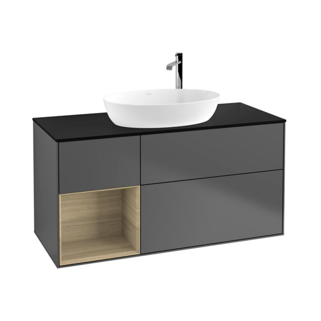 V&B Meuble sous lavabo Finion 120 cm, placage bleu, tiroir ouvert, anthracite m