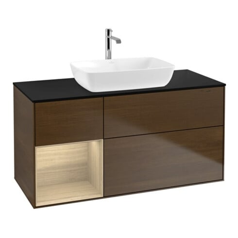 V&B Meuble sous lavabo Finion 120 cm, placage bleu, tiroir ouvert, noyer veinée