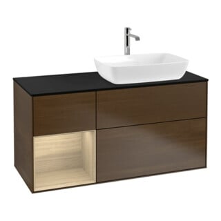 V&B Meuble sous lavabo Finion 120 cm, placage bleu, tiroir ouvert, placage noyer