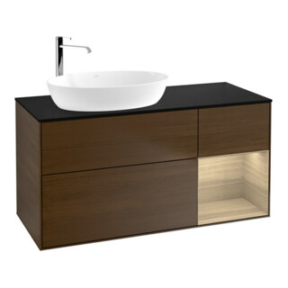 V&B Meuble sous lavabo Finion 120 cm, placage bleu, tiroir ouvert, placage noyer