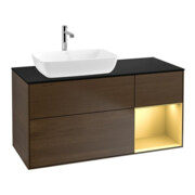 V&B Meuble sous lavabo Finion 120 cm, placage bleu, tiroirs dorés, noyer veinée
