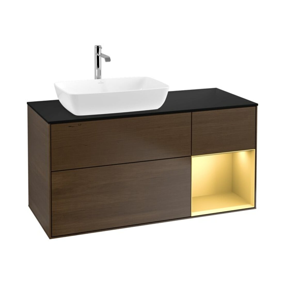 V&B Meuble sous lavabo Finion 120 cm, placage bleu, tiroirs dorés, noyer veinée