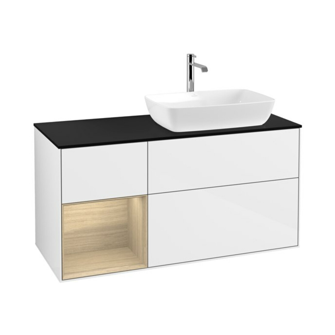 V&B Meuble sous lavabo Finion 120 cm, placage bleu, tiroirs ouverts, blanc brillant laqué