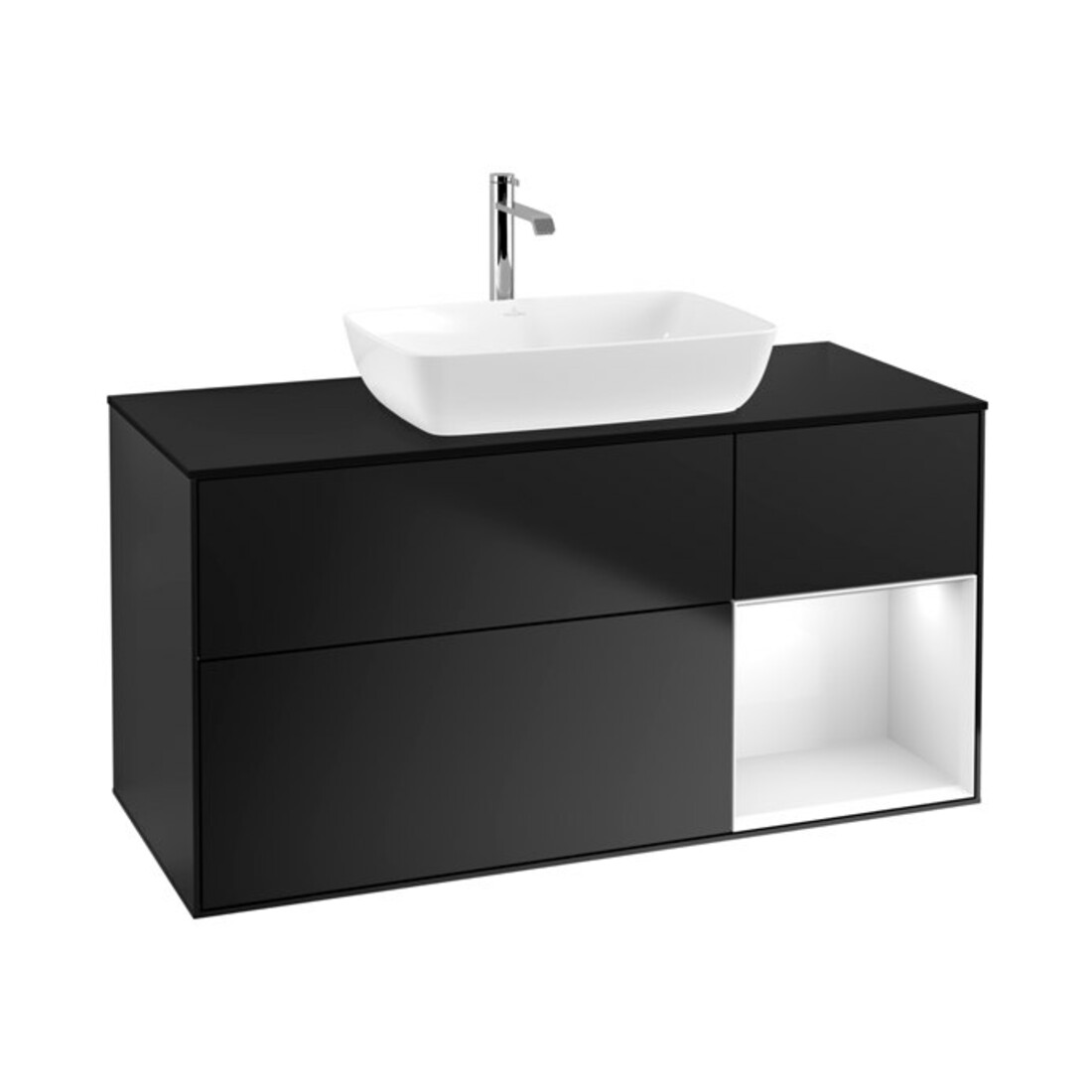 V&B Meuble sous lavabo Finion 120 cm, placage bois, blanc brillant, bleu mat