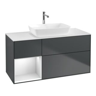 V&B Meuble sous lavabo Finion 120 cm, placage bois blanc mat, laqué blanc mat, avec plancher bois laqué