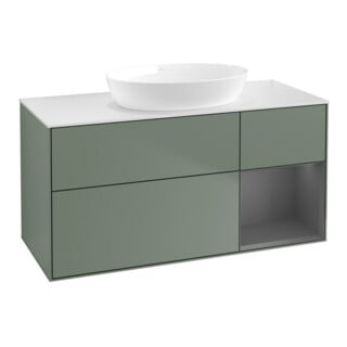 V&B Meuble sous lavabo Finion 120 cm, placage bois blanc mat, poignée alu mat laqué, olivier mat laqué