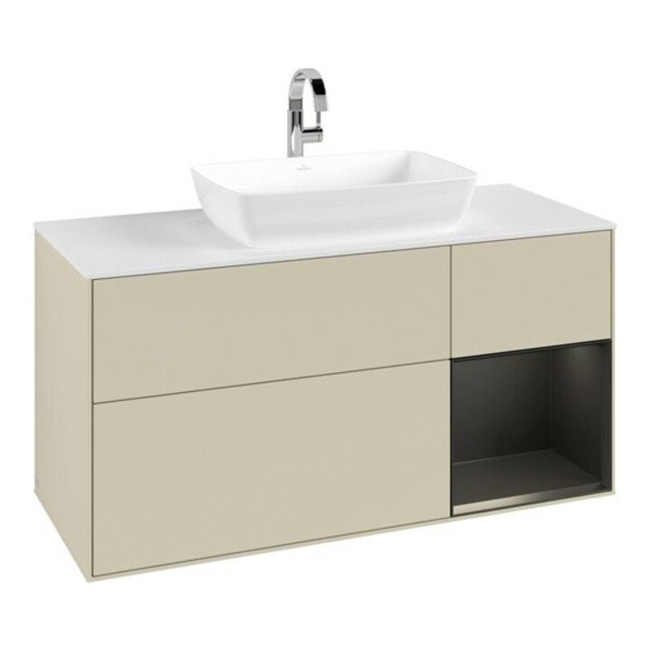 V&B Meuble sous lavabo Finion 120 cm, placage bois blanc mat, rangée bleue mate laquée, poignée gris mat laquée
