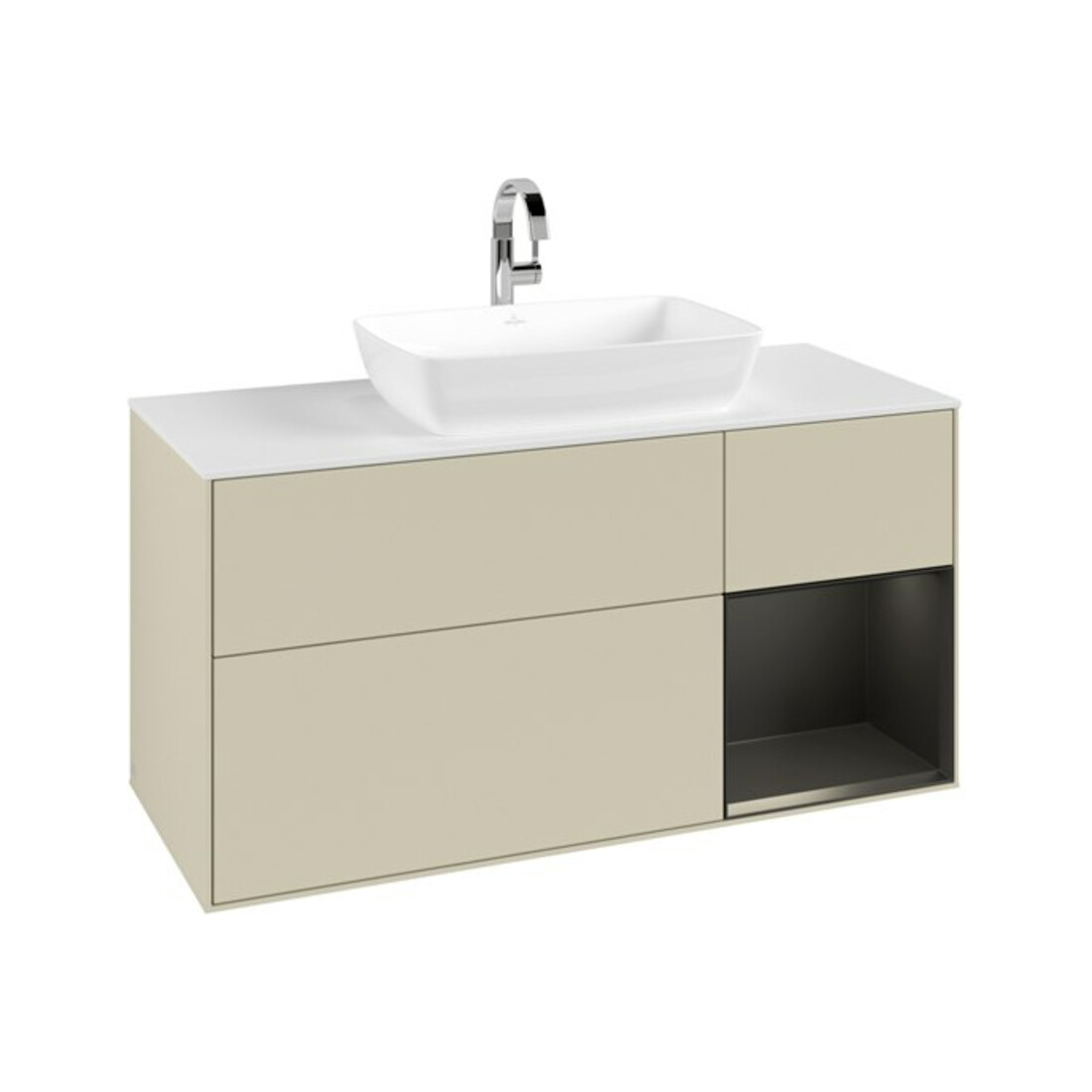 V&B Meuble sous lavabo Finion 120 cm, placage bois blanc mat, rangée bleue mate laquée, poignée gris mat laquée