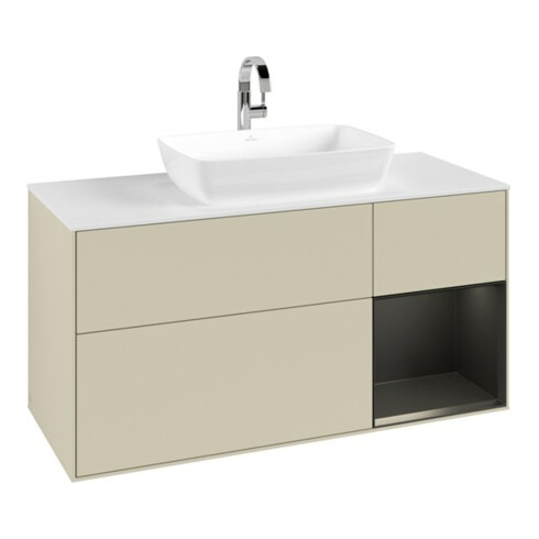 V&B Meuble sous lavabo Finion 120 cm, placage bois blanc mat, rangée bleue mate laquée, poignée gris mat laquée