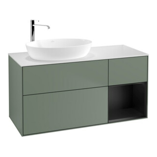 V&B Meuble sous lavabo Finion 120 cm, placage bois blanc mat, rangement bleu mat laqué, olivier mat laqué