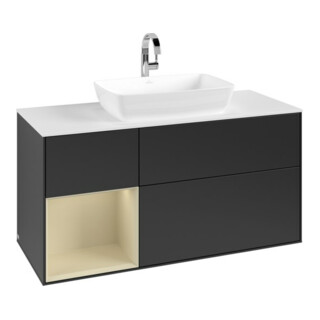 V&B Meuble sous lavabo Finion 120 cm, placage bois blanc mat, rangement gris mat laqué, bleu mat laqué