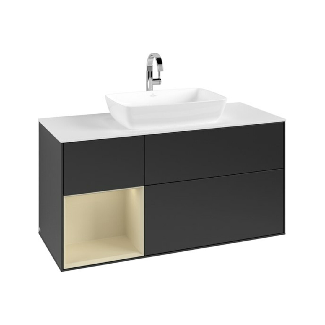 V&B Meuble sous lavabo Finion 120 cm, placage bois blanc mat, rangement gris mat laqué, bleu mat laqué