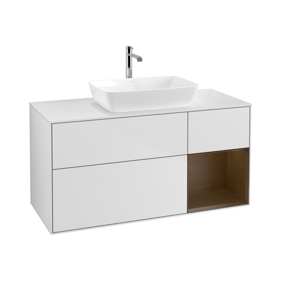 V&B Meuble sous lavabo Finion 120 cm, placage bois blanc, réglette murale blanche, laqué mat
