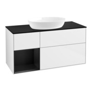 V&B Meuble sous lavabo Finion 120 cm, placage bois, bleu mat, laqué blanc brillant