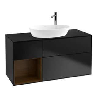V&B Meuble sous lavabo Finion 120 cm, placage bois bleu mat, tiroir à rainures, bleu mat laqué