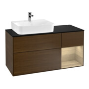 V&B Meuble sous lavabo Finion 120 cm, placage bois bleu, porte droite, poignée bois