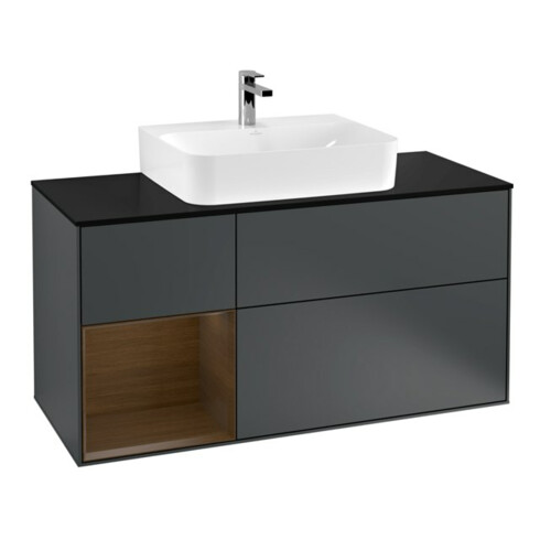 V&B Meuble sous lavabo Finion 120 cm, placage bois, chêne clair, avec façade laquée bleue