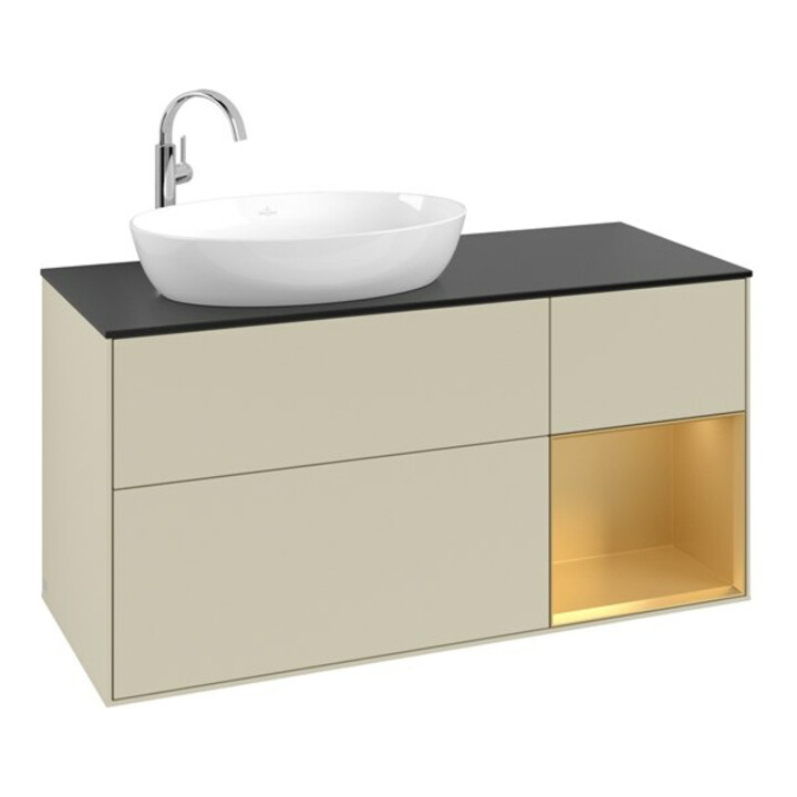 V&B Meuble sous lavabo Finion 120 cm, placage bois, chêne doré mat laqué, gris argent mat laqué