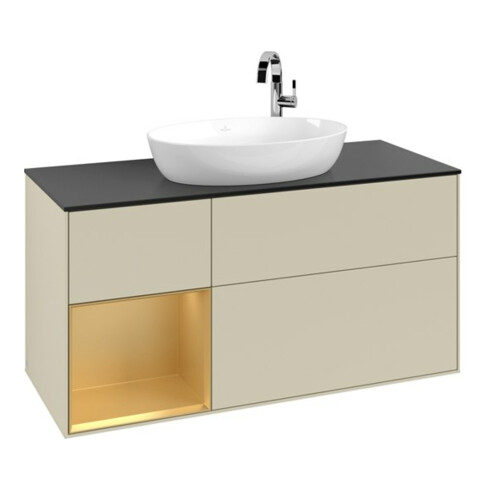 V&B Meuble sous lavabo Finion 120 cm, placage bois, chêne doré mat laqué, gris argenté mat laqué