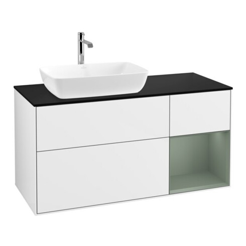 V&B Meuble sous lavabo Finion 120 cm, placage bois, chêne huilé, laqué blanc brillant