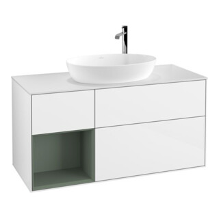 V&B Meuble sous lavabo Finion 120 cm, placage bois, chêne naturel mat, laque blanc brillant