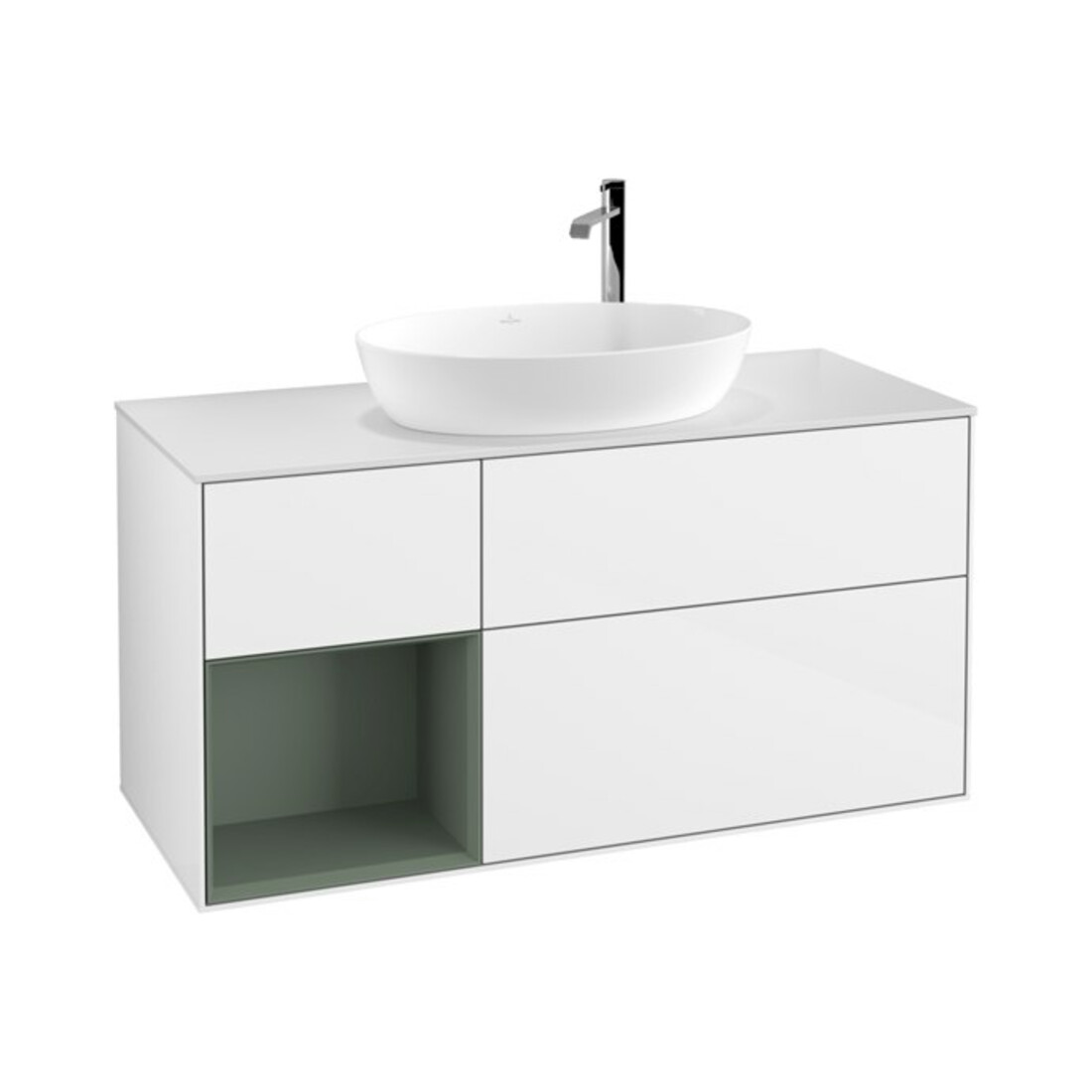 V&B Meuble sous lavabo Finion 120 cm, placage bois, chêne naturel mat, laque blanc brillant