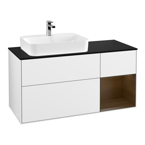 V&B Meuble sous lavabo Finion 120 cm, placage bois, chêne rouge, blanc brillant. Lac
