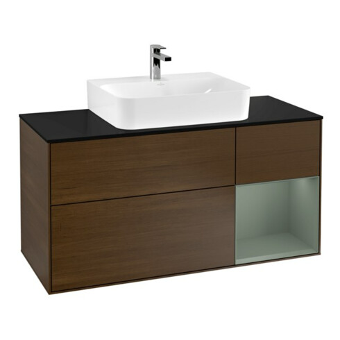 V&B Meuble sous lavabo Finion 120 cm, placage bois, côté droit, olivier mat, laqué, noyer veinée