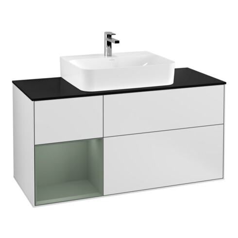 V&B Meuble sous-lavabo Finion 120 cm, placage bois, côté gauche, olivier mat laqué, blanc mat laqué