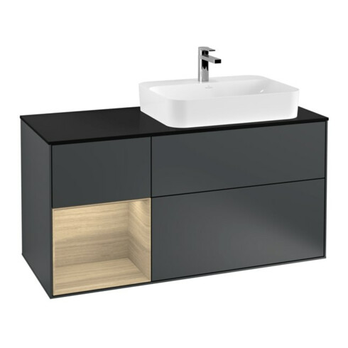 V&B Meuble sous lavabo Finion 120 cm, placage bois, couleur orage, avec façade laquée bleue
