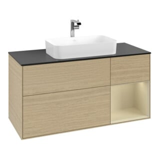 V&B Meuble sous lavabo Finion 120 cm, placage bois, droite, gris mat laqué, ouverture à glissière