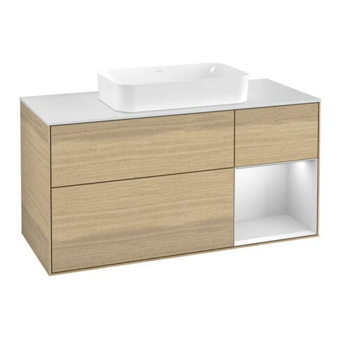 V&B Meuble sous lavabo Finion 120 cm, placage bois, éclairage mural, blanc laqué, ven. ouverte