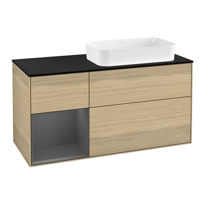 V&B Meuble sous-lavabo Finion 120 cm, placage bois, étagère gauche, anthracite mat, poignée Oa ven
