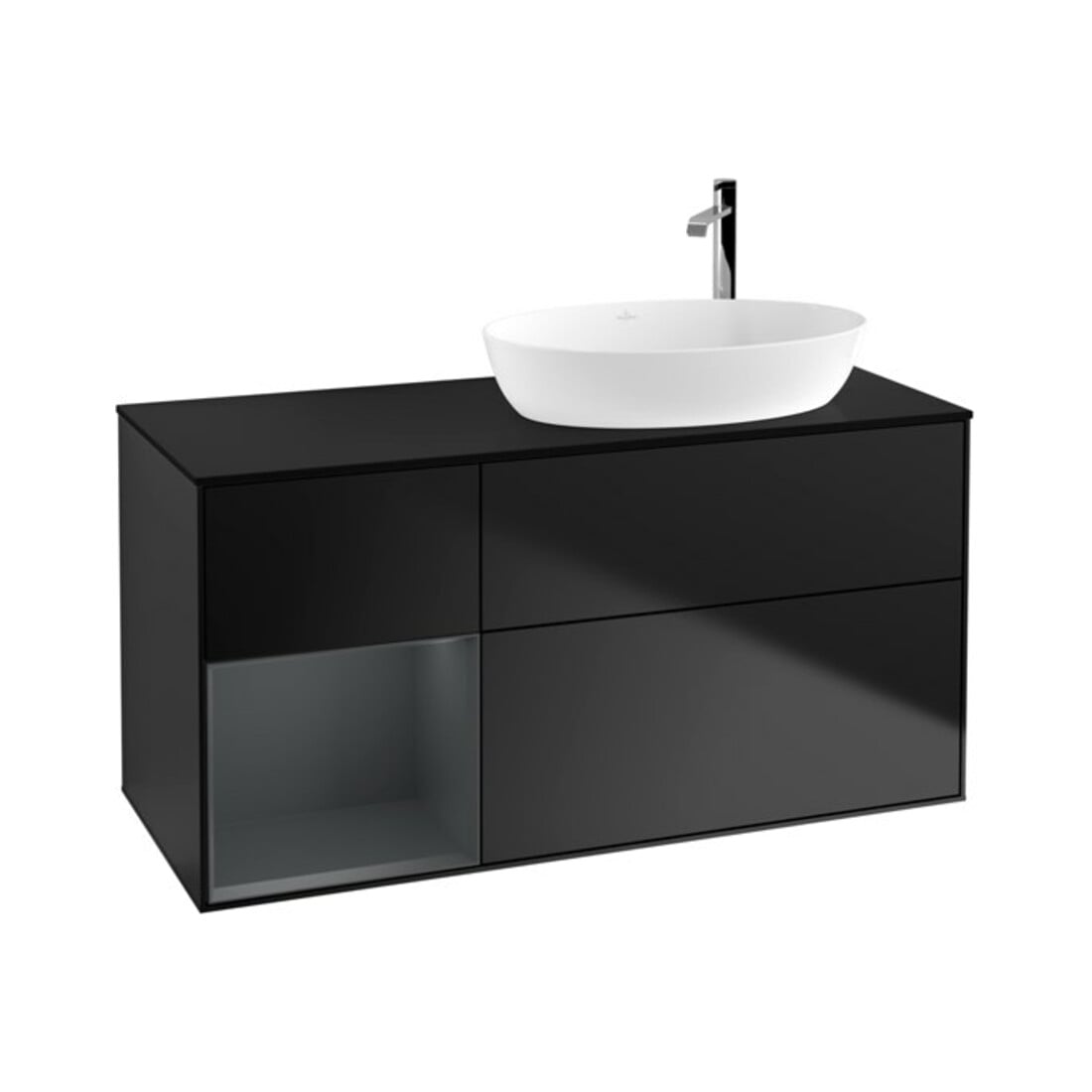 V&B Meuble sous lavabo Finion 120 cm, placage bois, étagère médiane, laqué bleu
