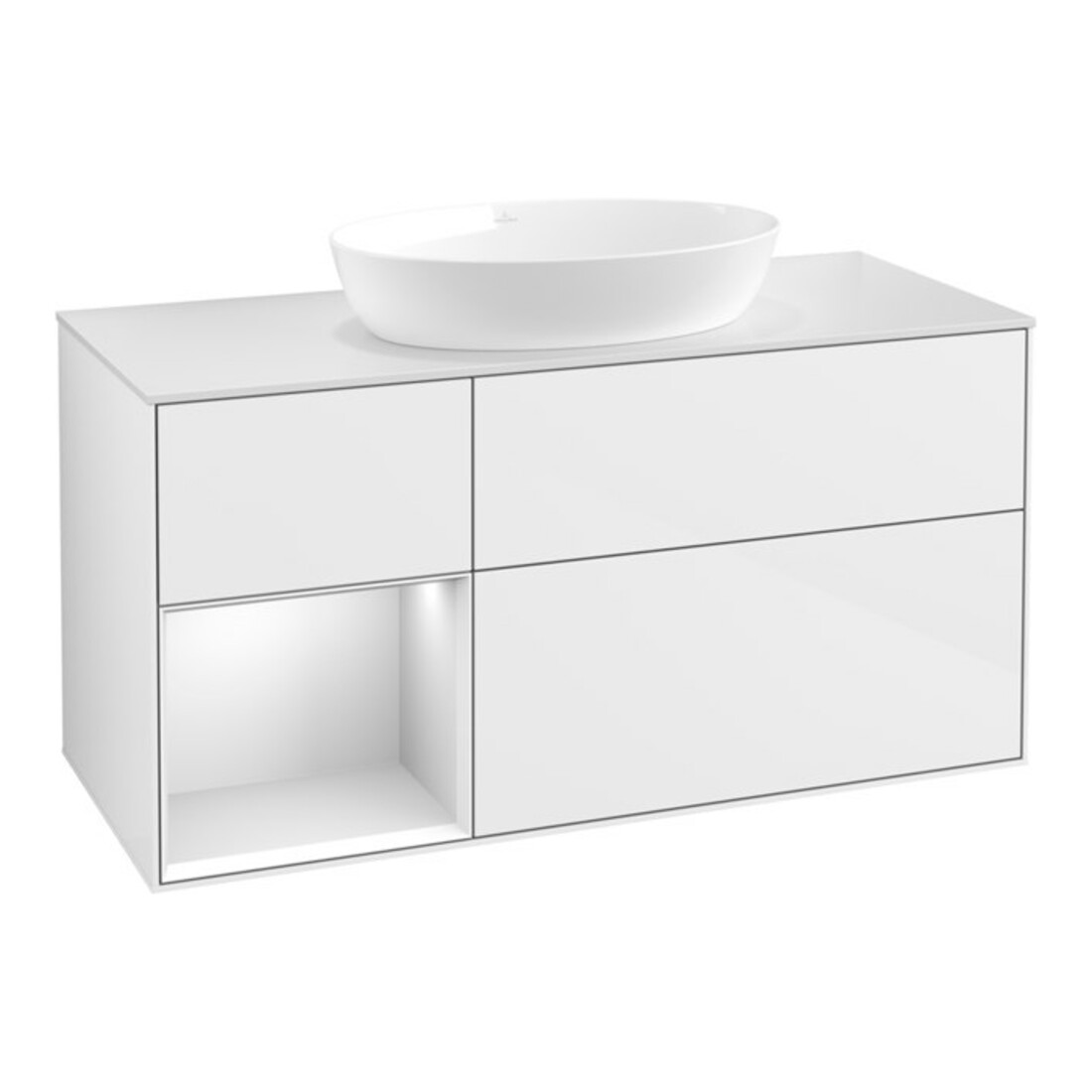V&B Meuble sous lavabo Finion 120 cm, placage bois, façade blanche laquée, corps blanc laqué brillant