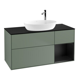 V&B Meuble sous lavabo Finion 120 cm, placage bois, façade bleue laquée, olivier laqué