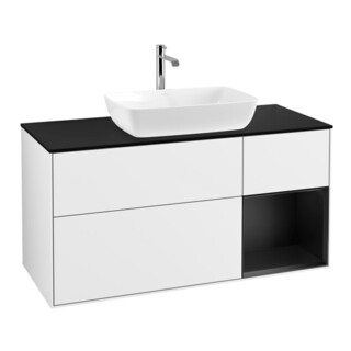 V&B Meuble sous lavabo Finion 120 cm, placage bois, façade bleue mate, laque blanc brillant