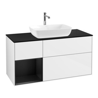 V&B Meuble sous lavabo Finion 120 cm, placage bois, façade bleue mate, laque blanche brillante